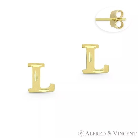 Initial Letter "L" Stud Earrings with Push-Back Posts in 14k Yellow Gold - Picture 1 of 1